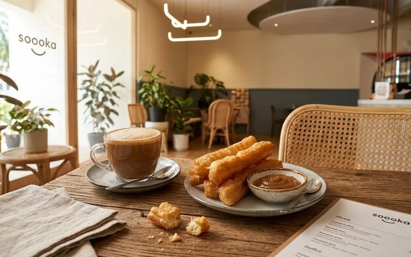 A cup of traditional pulled kopi served alongside golden crispy cakoi with kaya dip at Soooka Cafe