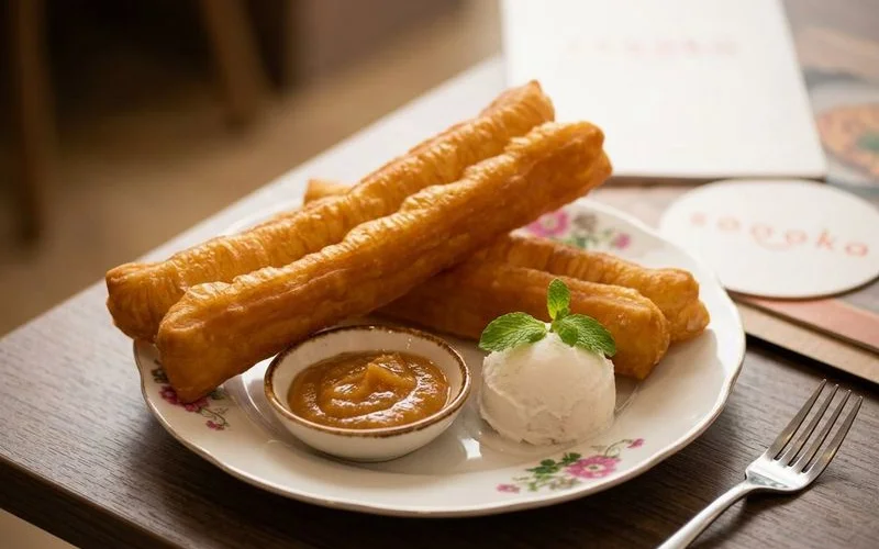 A plate of Soooka signature cakoi served with kaya dip and coconut ice cream on a warm wooden table