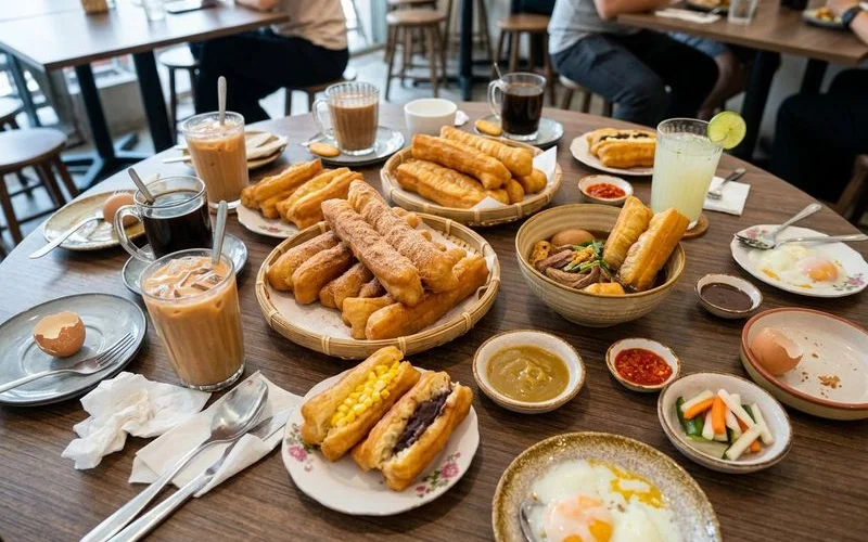 Aerial view of a full table spread with multiple cakoi varieties and assorted drinks for a group gathering at Soooka