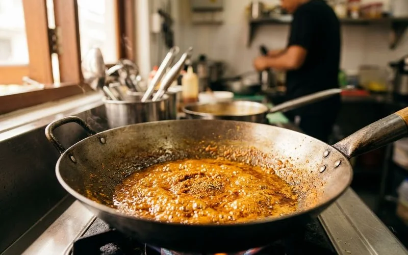 Aromatic spice paste being slowly fried in a wok until golden brown releasing rich complex natural flavours