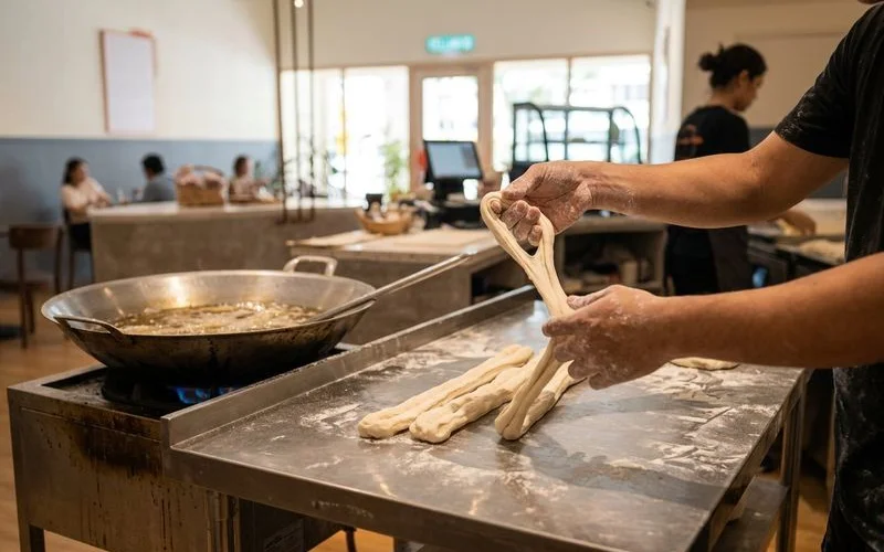 Artisan hands carefully stretching and shaping raw cakoi dough before frying in traditional method