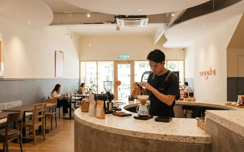 Barista carefully preparing a pour over specialty coffee in a modern minimalist cafe in Damansara Perdana