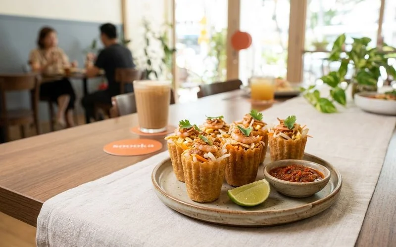 Beautifully plated Nyonya pie tee arranged on a ceramic plate with sambal and lime garnish at Soooka Cafe