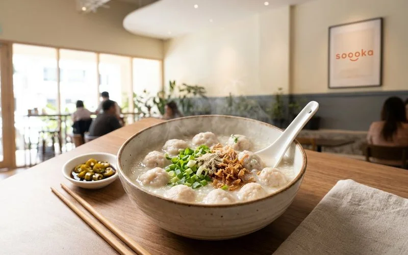 Bowl of Soooka fish ball porridge with handmade fish paste balls spring onions and fried shallots