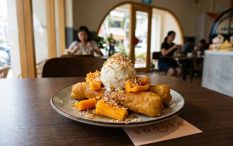 Cakoi with coconut ice cream dessert served with fresh jackfruit and toasted coconut at Soooka Cafe Damansara Perdana
