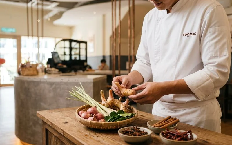 Chef carefully selecting fresh aromatic ingredients including galangal lemongrass and shallots for cooking