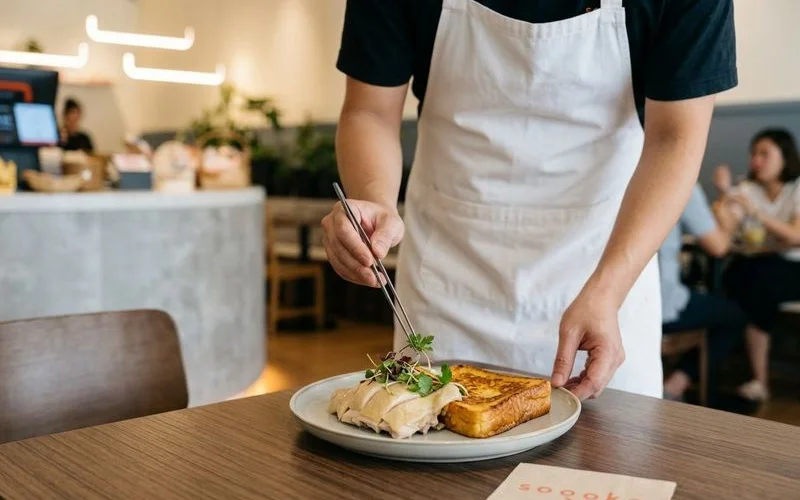 A chef plating a modern Malaysian fusion dish combining traditional braised meat with contemporary garnish and presentation