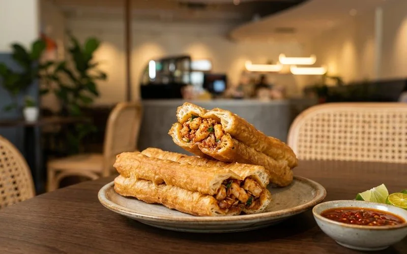 Chili prawn stuffed cakoi cut in half showing the spicy prawn filling inside golden crispy dough