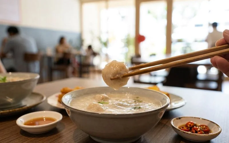 Close up of bouncy QQ handmade fish paste ball being lifted with chopsticks from a bowl of porridge