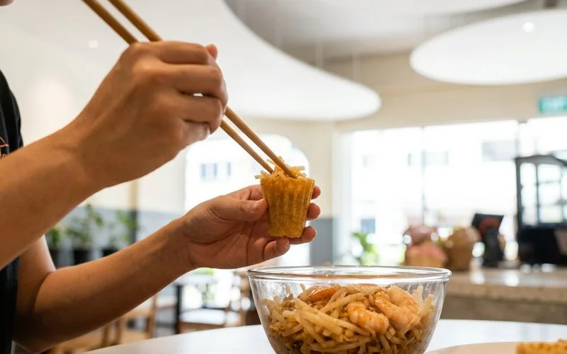 Close-up of hands carefully filling a delicate crispy pie tee shell with jicama and prawn mixture at Soooka kitchen