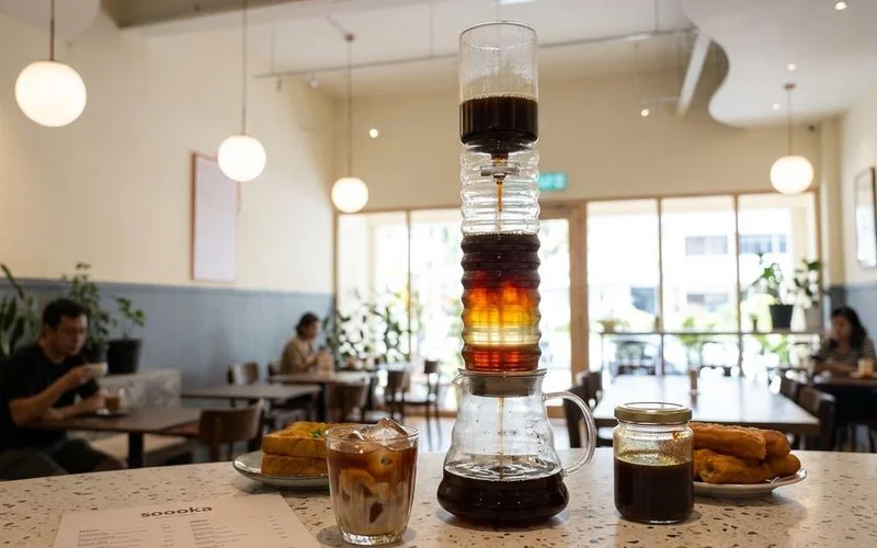 Cold brew kopi being slowly steeped in a glass vessel showing the gradual extraction of dark coffee colour