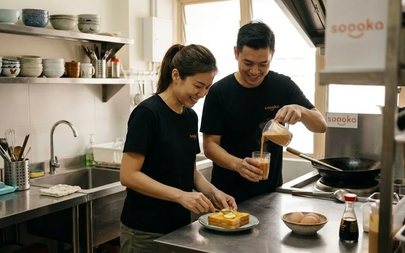 Francis and Esther working together in the Soooka Cafe kitchen preparing dishes with focused attention and teamwork