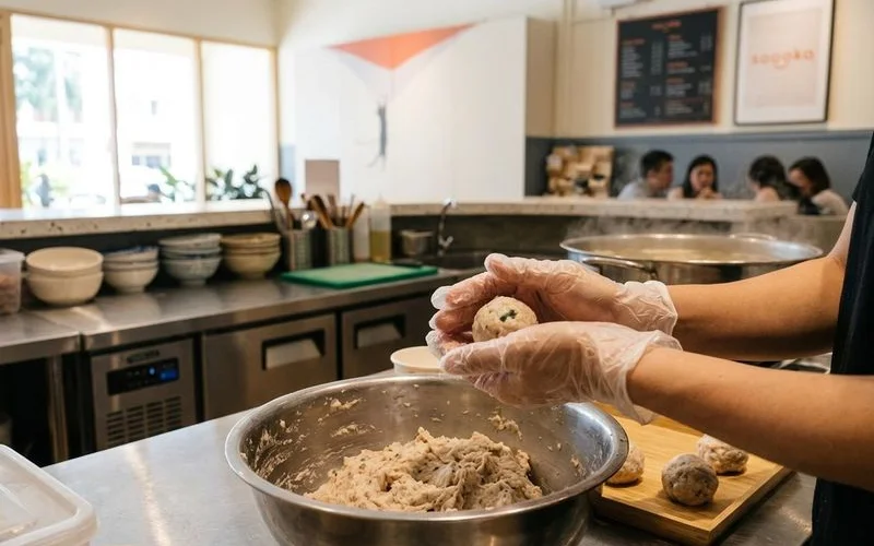 Fresh handmade QQ fish paste balls being shaped by hand at Soooka Cafe