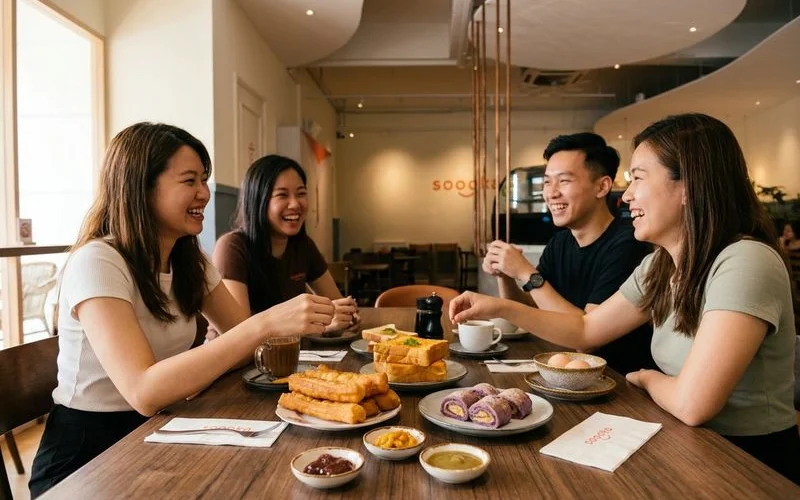 Friends sharing Malaysian cafe snacks on a communal table