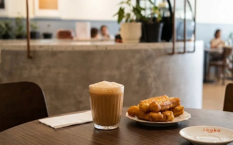 Frothy teh tarik in a clear glass beside savoury chilli prawn cakoi with steam rising from the freshly fried snack