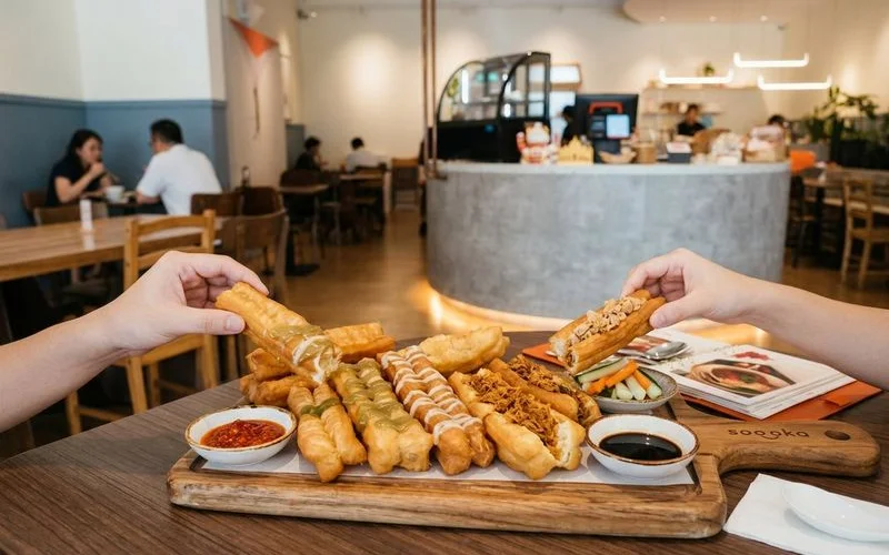 Full spread of Soooka cakoi platter showing both sweet and savoury varieties arranged on a wooden board