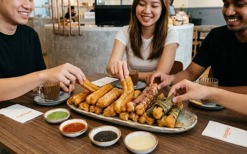 A generous cakoi platter with multiple varieties and dipping sauces surrounded by friends reaching for their favourites