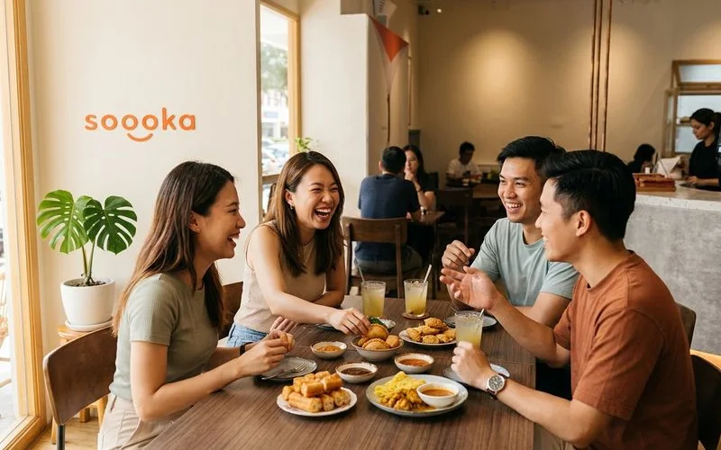 Group of friends laughing and sharing small plates of Malaysian snacks at a cosy window table in Soooka Cafe