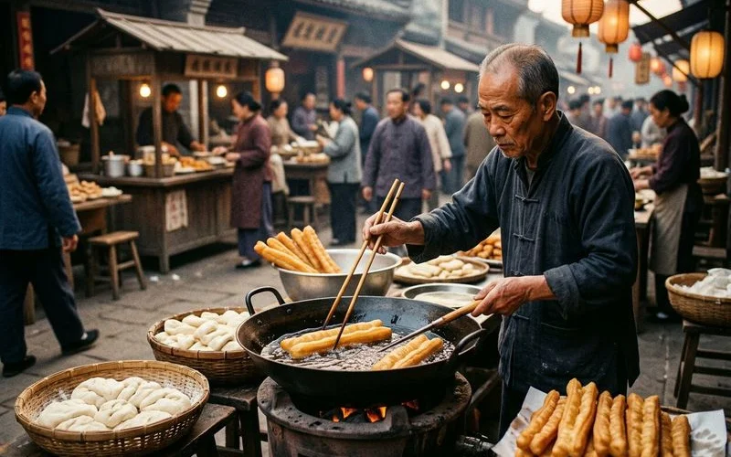 Historical illustration of traditional Chinese youtiao being prepared in a street market setting