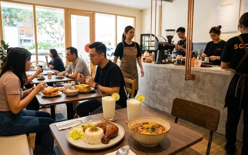 Interior of a modern Malaysian fusion cafe with warm wooden elements and customers enjoying heritage inspired dishes