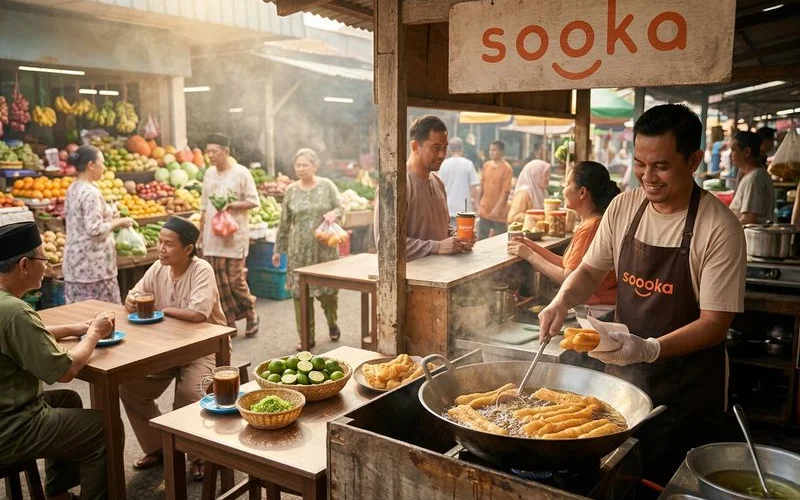 Malaysian morning market scene with cakoi vendor serving customers alongside traditional kopi stall