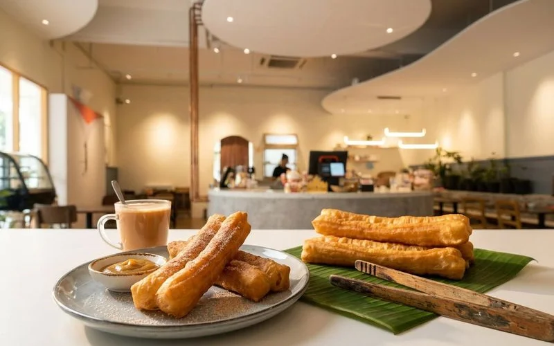 Modern cafe presentation of cakoi alongside traditional street stall version showing the evolution of the dish
