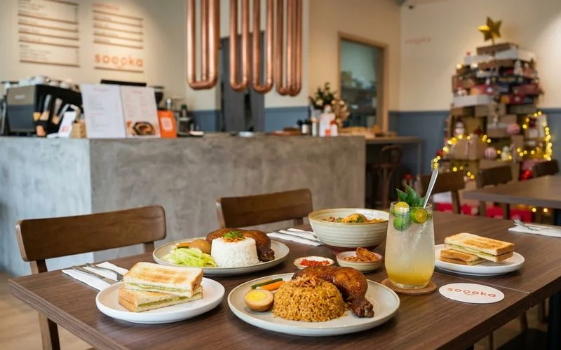 Modern Malaysian fusion dishes beautifully plated on a contemporary cafe table