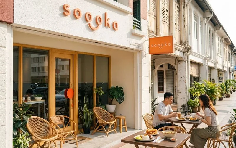 Morning sunlight illuminating the charming cafe row along Jalan PJU in Damansara Perdana with outdoor seating