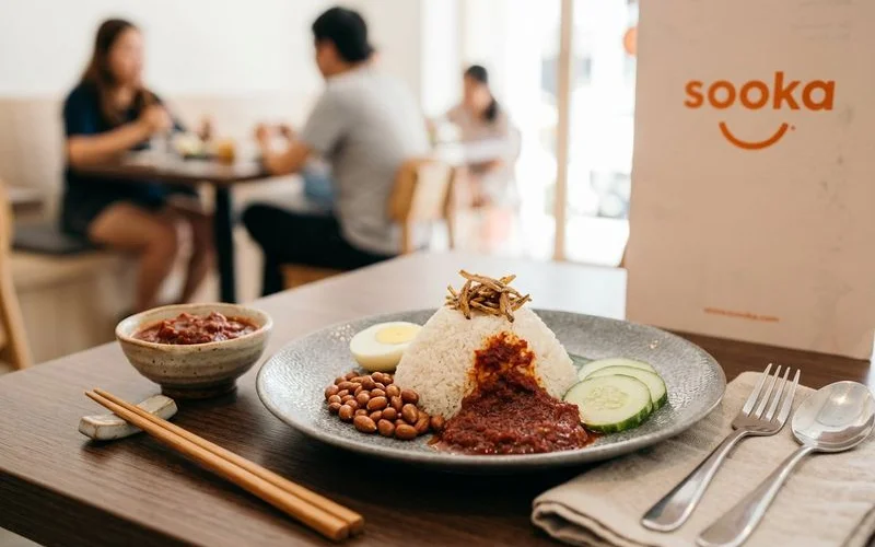 Nasi lemak platter with sambal and accompaniments served at Soooka Cafe Petaling Jaya