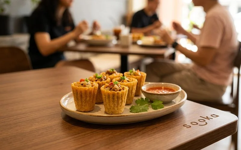 Nyonya pie tee crispy cups with jicama filling arranged on a serving plate at Soooka Cafe