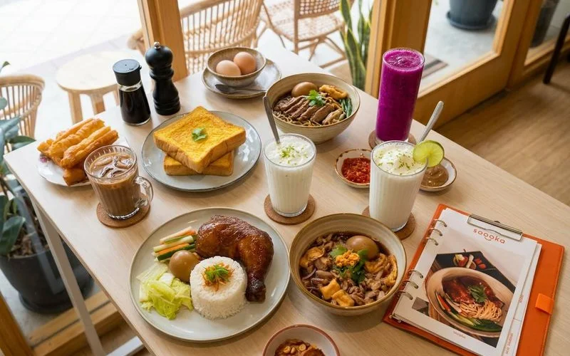 Overhead view of a beautifully arranged cafe table with assorted Malaysian sharing plates and colourful drinks for four people