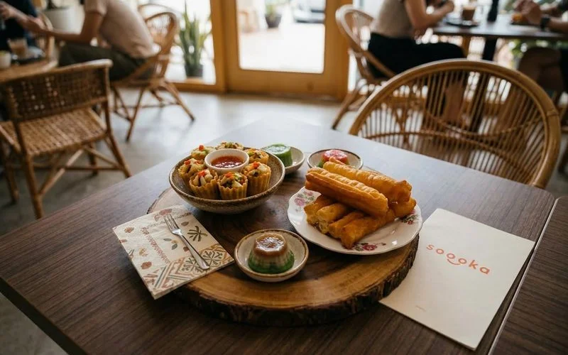 Overhead view of a Malaysian snack platter featuring pie tee alongside cakoi and other traditional treats at Soooka