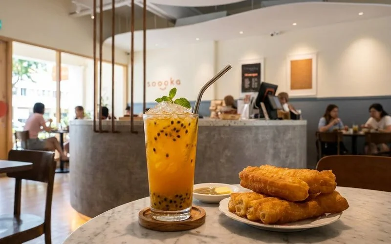 Passion fruit drink with ice served in a clear glass alongside a plate of cakoi at Soooka Cafe