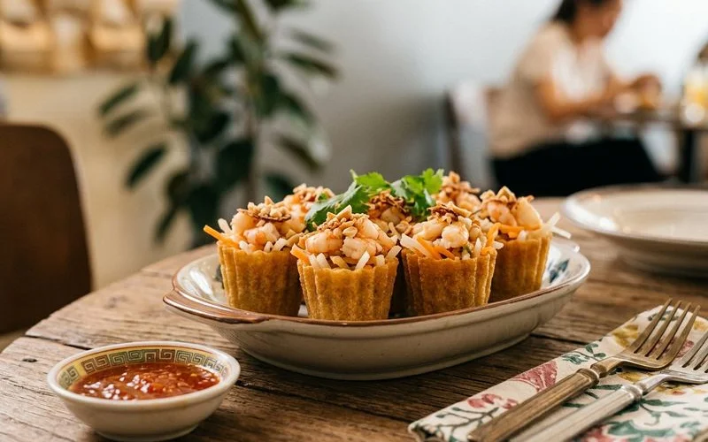 Crispy golden Nyonya pie tee cups filled with jicama and prawn