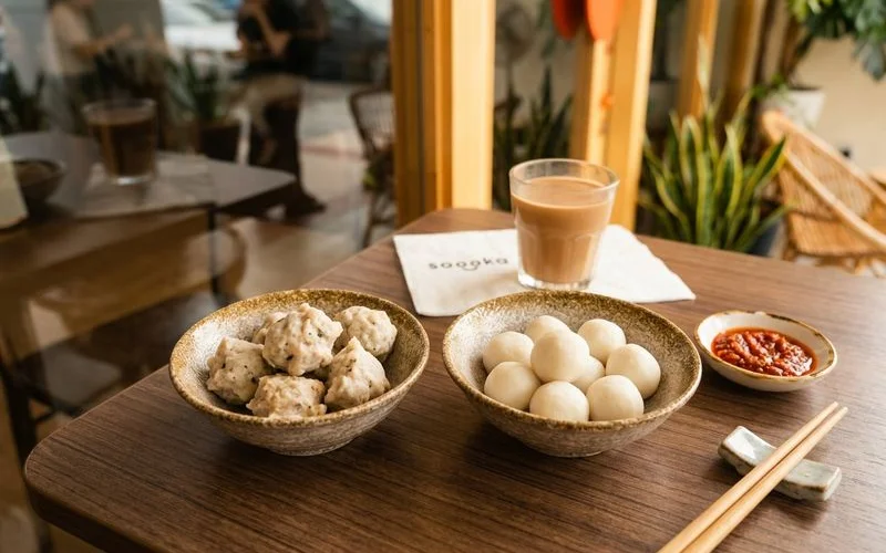 Side by side comparison of handmade fish paste balls and commercial store bought fish balls showing texture difference