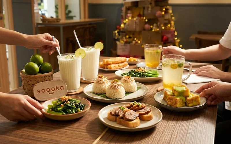 A spread of creative Malaysian fusion snacks and drinks showcasing the diversity of flavours and modern plating techniques