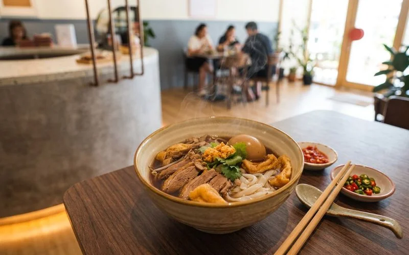 Steaming bowl of braised duck flat white noodles at Soooka Cafe