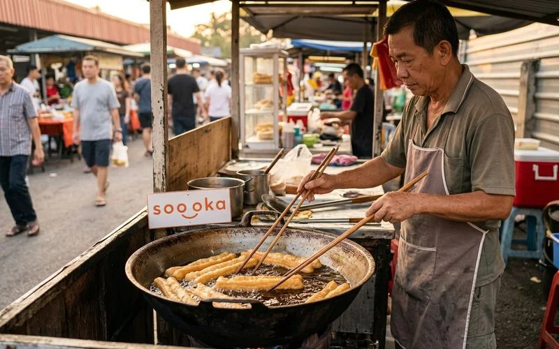 Traditional Malaysian cakoi street stall vendor frying dough