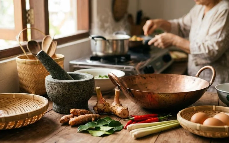 A warm family kitchen scene with traditional Malaysian cooking utensils and fresh heritage ingredients on a wooden counter