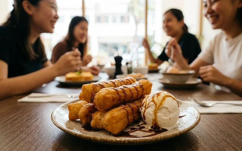 Warm golden cakoi served with a scoop of coconut ice cream and drizzled with gula melaka syrup