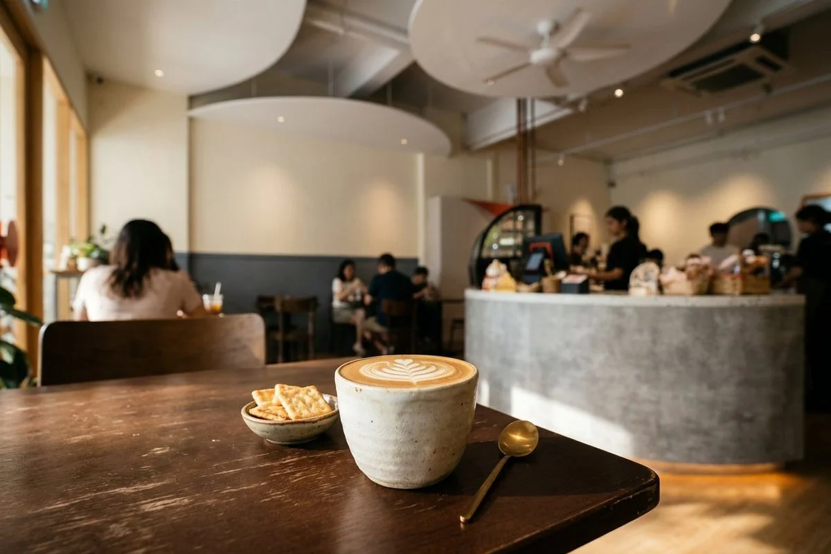 Cold brew kopi latte with beautiful latte art at Soooka Cafe
