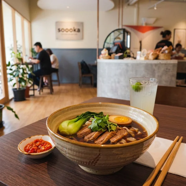 Braised duck flat noodles in herbal broth