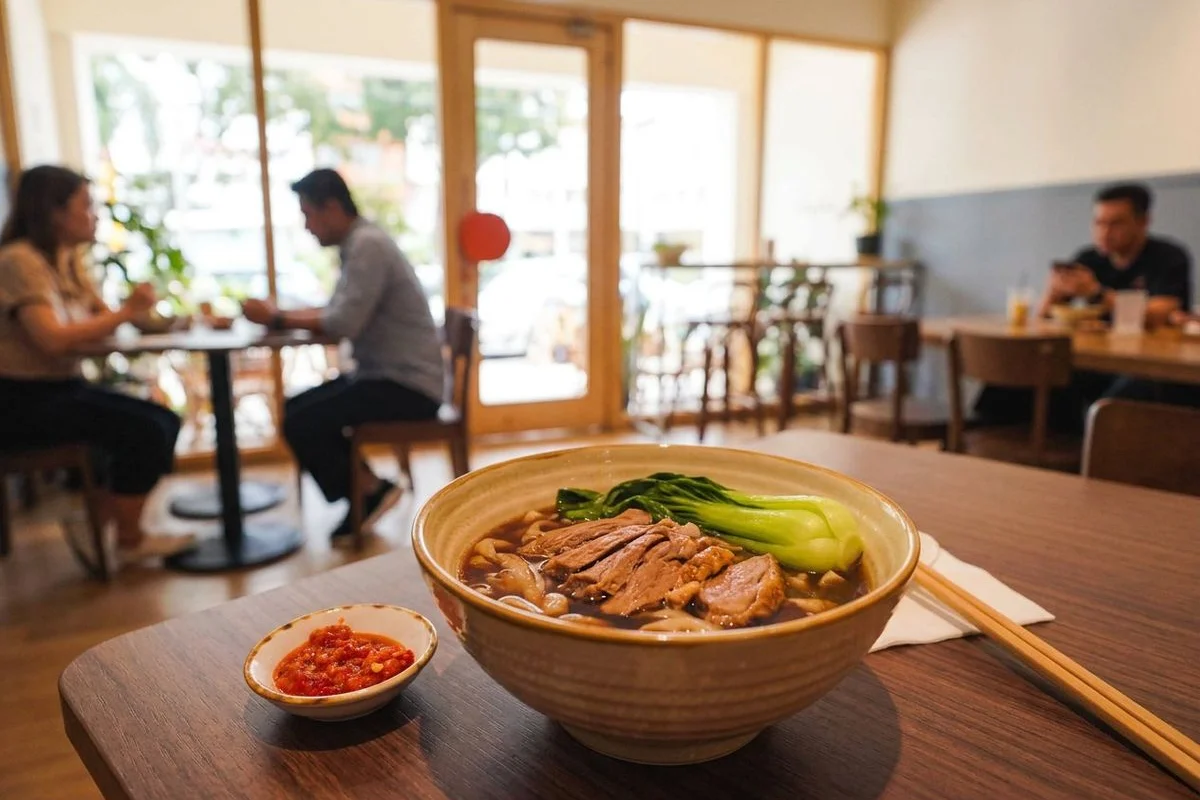Soooka Cafe braised duck flat noodles in rich herbal broth